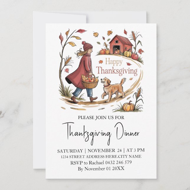 Invitation Dîner d'action de grâces branché fille Citrouille  (Devant)