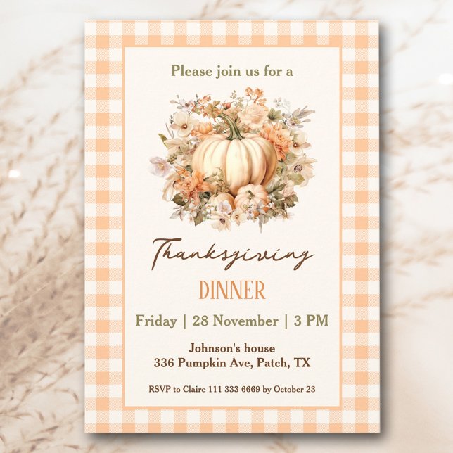 Invitation Dîner d'action de grâces Citrouille Orange En vich (Thanksgiving Dinner Pumpkin Orange Gingham Invitation)