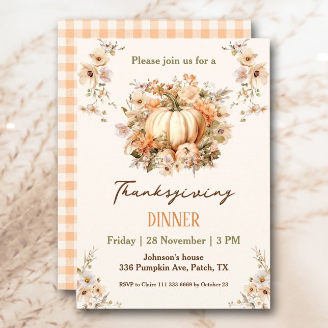 Invitation Dîner d'action de grâces Citrouille Pastel Orange  (Thanksgiving Dinner Pumpkin Pastel Orange Floral Invitation )