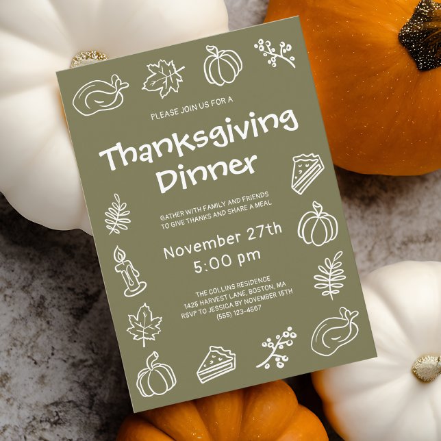 Invitation Dîner d'action de grâces géant tiré à la main (Whimsical Hand Drawn Green Thanksgiving Dinner Invitation)