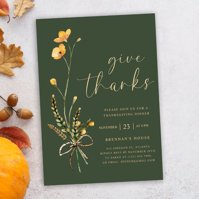 Invitation Dîner d'action de grâces moderne et élégant (Elegant Wildflower Green Thanksgiving Dinner Invitation)