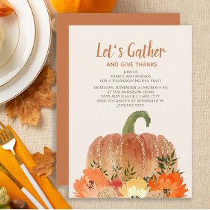 Invitation Dîner d'action de grâces Orange Citrouilles Gold G