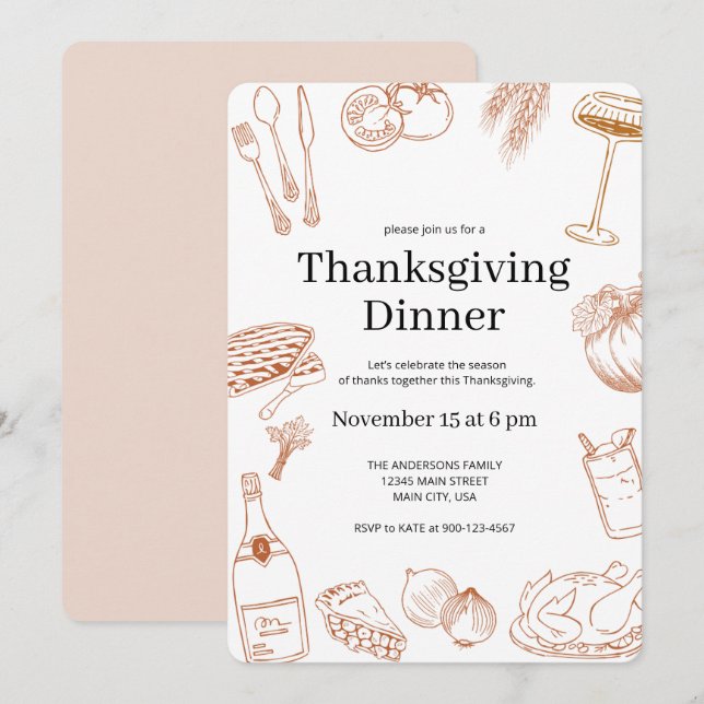 Invitation Dîner d'action de grâces rustique orange (Devant / Derrière)