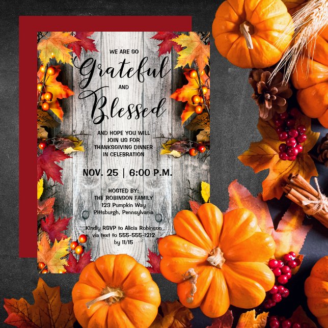 Invitation Dîner d'action de grâces - Rustique Woodsy Gratefu (Thanksgiving Dinner Rustic Woodsy Wood-Look and Leaves Grateful and Blessed Invitation)