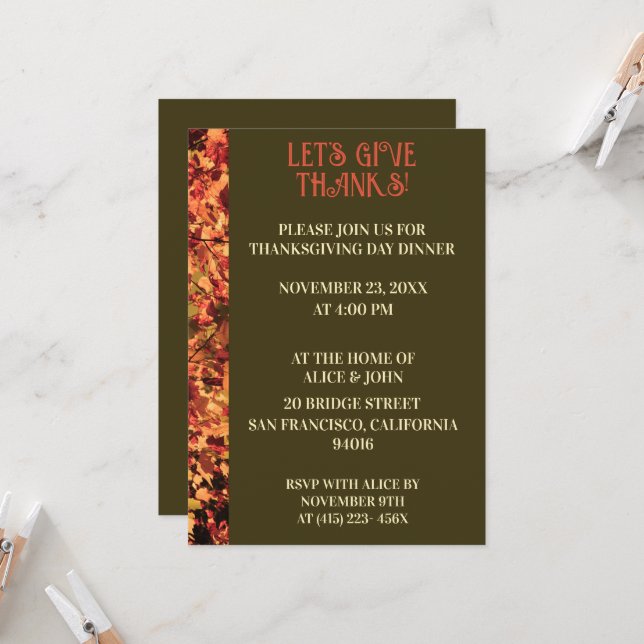 Invitation Dîner d'action de grâces vert foncé Fête d'automne (Devant/Arrière en situation)