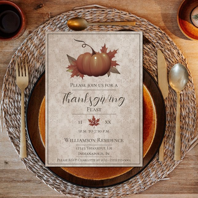 Invitation Dîner Damask Citrouille Thanksgiving | Beige (Thanksgiving Pumpkin Damask Dinner Invite)