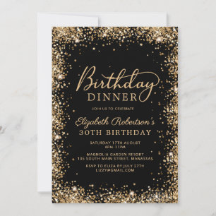 Invitation Dîner d'anniversaire 30 ans Black Gold Glitter Scr