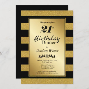 Invitation Dîner d'anniversaire Black & Gold Striped 21st