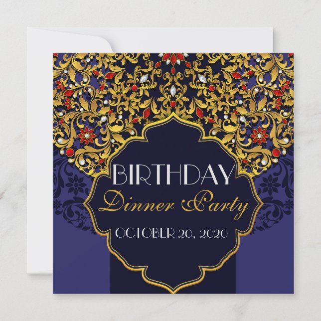 Invitation Dîner d'anniversaire bleu rouge or luxueux orné de (Devant)