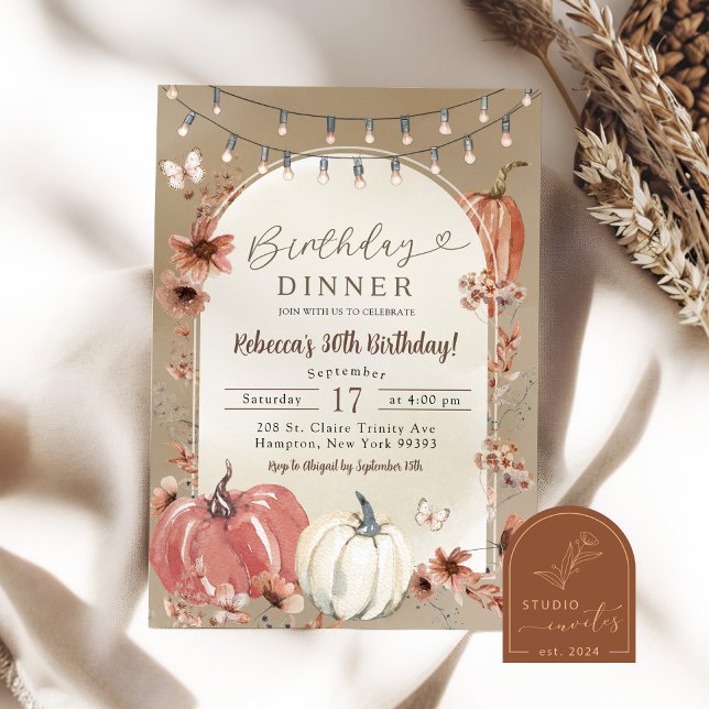 Invitation Dîner d'anniversaire Boho Wildflower Pumpkin (Créateur téléchargé)