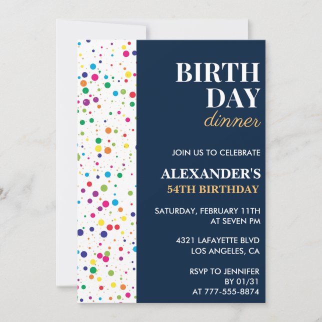 Invitation Dîner d'anniversaire Confettis Bleu Marine 54ème a (Devant)