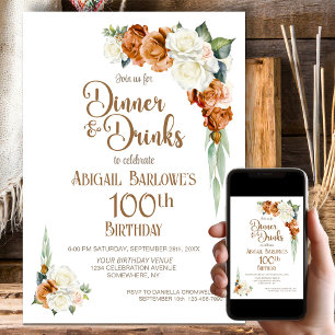 Invitation Dîner d'anniversaire de 100 ans aux fleurs orange