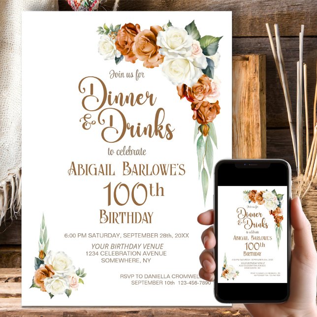 Invitation Dîner d'anniversaire de 100 ans aux fleurs orange  (Créateur téléchargé)