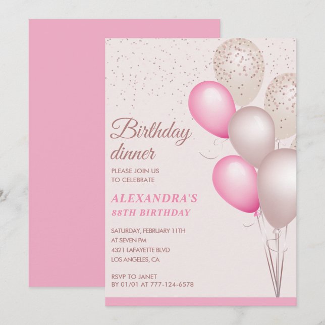 Invitation Dîner d'anniversaire élégant moderne rose 88e anni (Devant / Derrière)