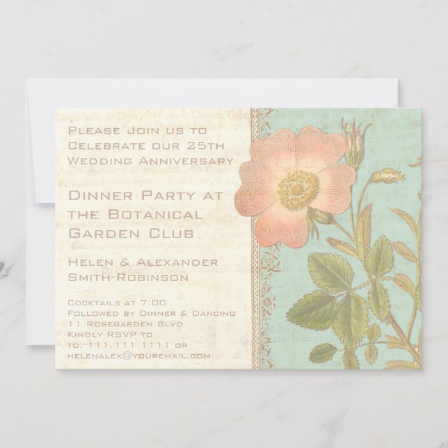 Invitation Dîner d'anniversaire élégant Rose Vintage 25 ans (Devant)