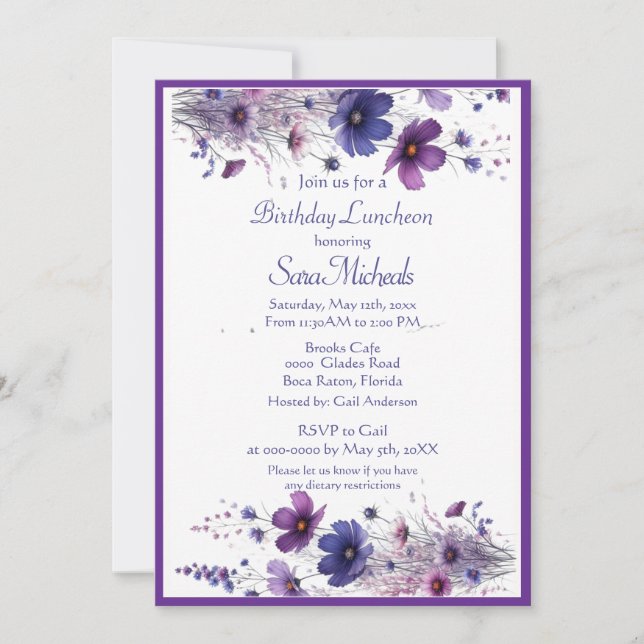 Invitation Dîner d'anniversaire Fleurs aquarelles violettes  (Devant)