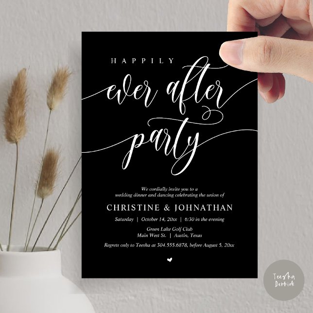 Invitation Dîner Dansant de la Soirée de Mariage Féerique (Happily Ever After Party Dinner Dancing Modern Invitation Card, PDF, in Classy Black)