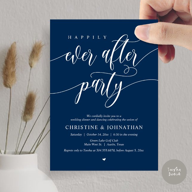 Invitation Dîner Dansant de la Soirée de Mariage Féérique (Happily Ever After Party Dinner Dancing Modern Invitation Card, PDF, in Navy Blue)