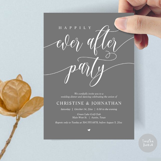 Invitation Dîner Dansant de la Soirée de Mariage Féerique (Happily Ever After Party Dinner Dancing Modern Invitation Card, PDF, in Dark Grey)