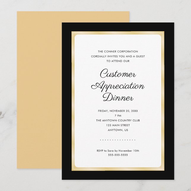 Invitation Dîner d'appréciation du client | Noir et or (Devant / Derrière)