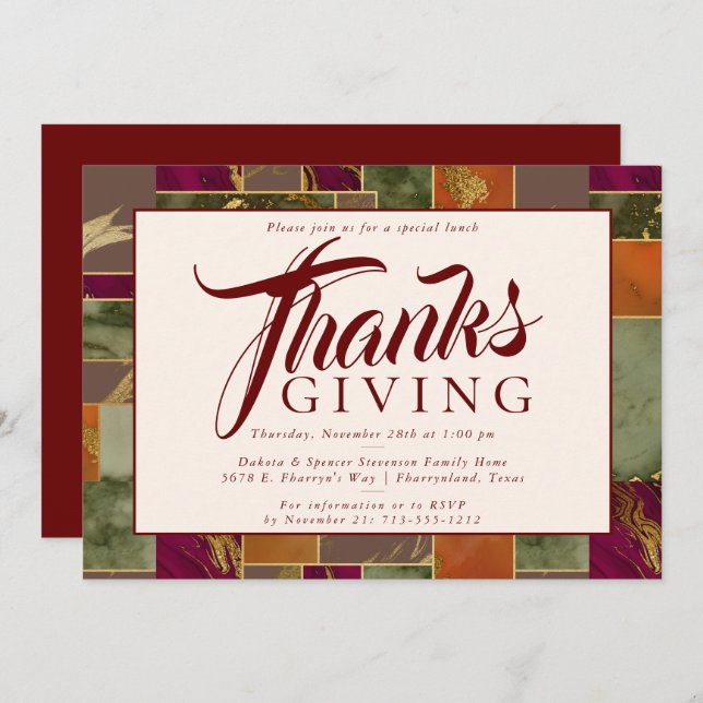 Invitation Dîner d'automne Thanksgiving Gold Burgundy Marble (Devant / Derrière)