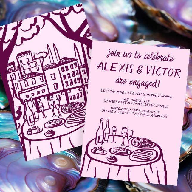 Invitation Dîner de balcon Whimsy sur mesure (Whimsical Balcony Dinner Custom Engagement Party Invitation Purple Couples Shower Wedding Cute
)