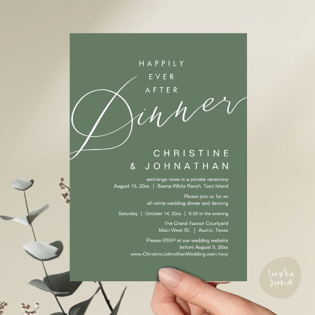 Invitation Dîner de conte de fées Mariage romantique (Happily Ever After Dinner Invites Card PDF modern romantic minimalist clean Greenery sage green)