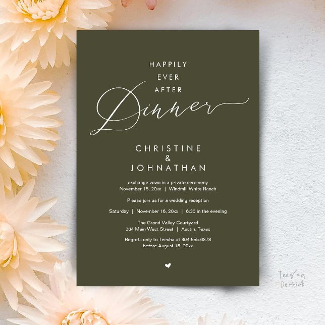 Invitation Dîner de conte de fées moderne réception de mariag (Happily Ever After Dinner Modern Wedding Reception Invitation Card Elopement PDF Olive Green)