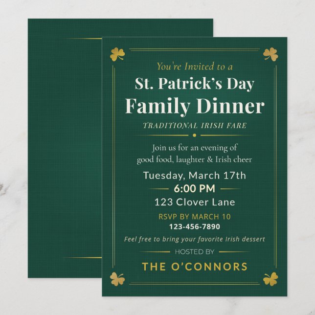 Invitation Dîner de famille de la Saint-Patrick Traditionnel  (Devant / Derrière)