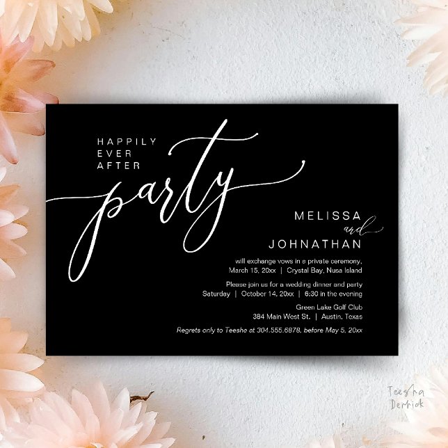 Invitation Dîner de Fête de Mariage Après l'Élément Romantiqu (Happily Ever After Wedding Elopement Dinner Party Invitation card, in Black and White)