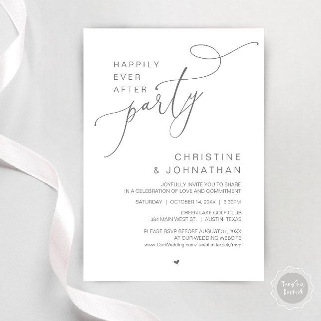 Invitation Dîner de fête de mariage avec danses pour un bonhe (Happily Ever After Wedding Party Romantic Dinner Dancing Invitation Card, PDF, in Dark Grey)