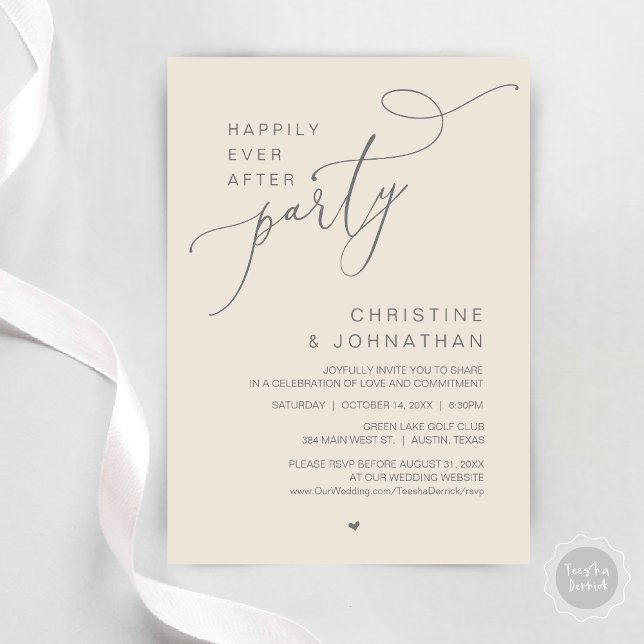 Invitation Dîner de fête de mariage avec danses pour un bonhe (Happily Ever After Wedding Party Romantic Dinner Dancing Invitation Card, PDF, in Dark Grey Cream)
