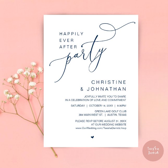 Invitation Dîner de fête de mariage avec danses pour un bonhe (Happily Ever After Wedding Party Romantic Dinner Dancing Invitation Card, PDF, in Navy Blue)