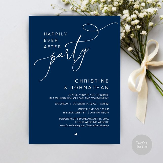 Invitation Dîner de fête de mariage avec danses pour un bonhe (Happily Ever After Wedding Party Romantic Dinner Dancing Invitation Card, PDF, in Navy Blue)