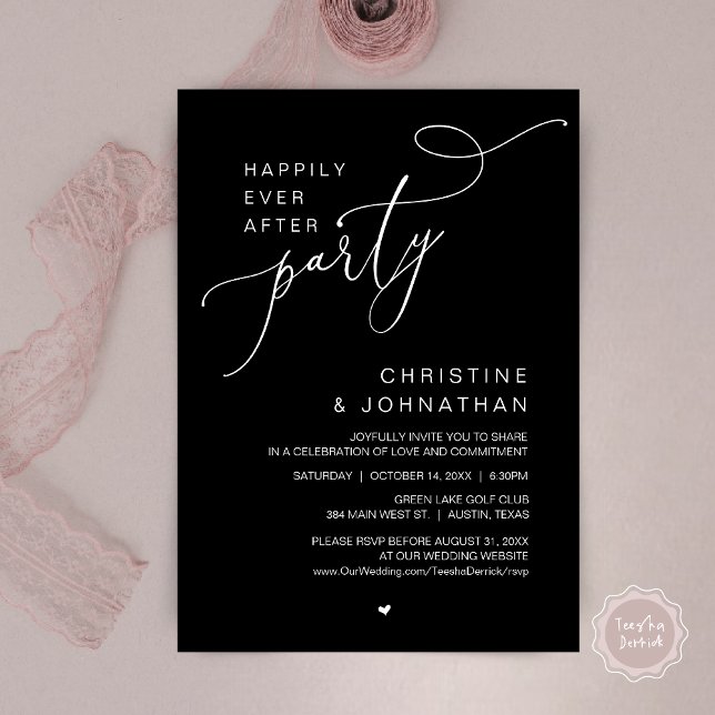 Invitation Dîner de fête de mariage avec danses pour un bonhe (Happily Ever After Wedding Party Romantic Dinner Dancing Invitation Card, PDF, in Classy Black)
