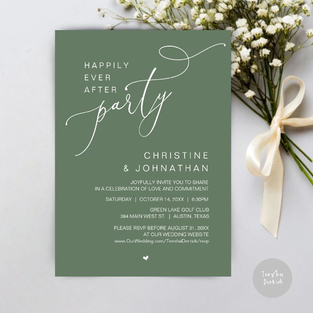 Invitation Dîner de fête de mariage avec danses pour un bonhe (Happily Ever After Wedding Party Romantic Dinner Dancing Invitation Card, PDF, in Forest Sage Green)