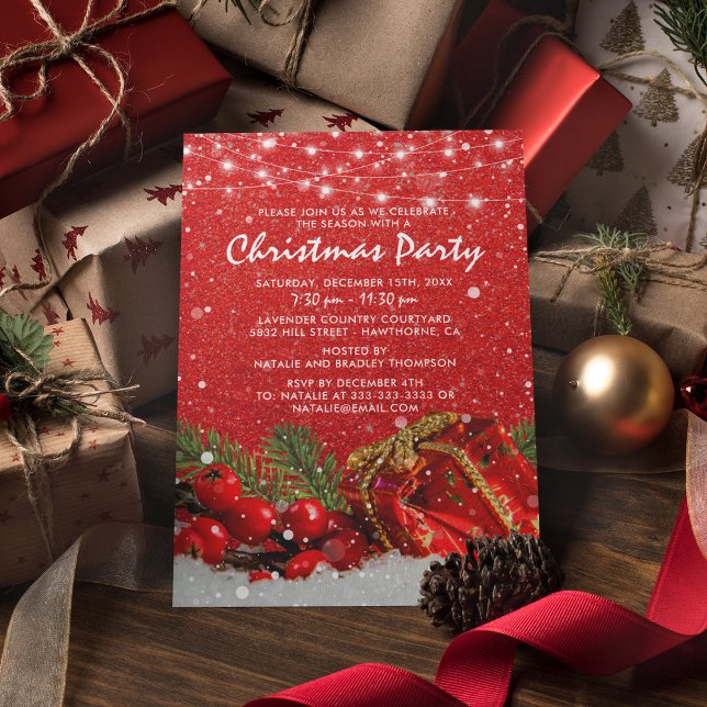 Invitation Dîner de fête de Noël avec paillettes rouges (Créateur téléchargé)