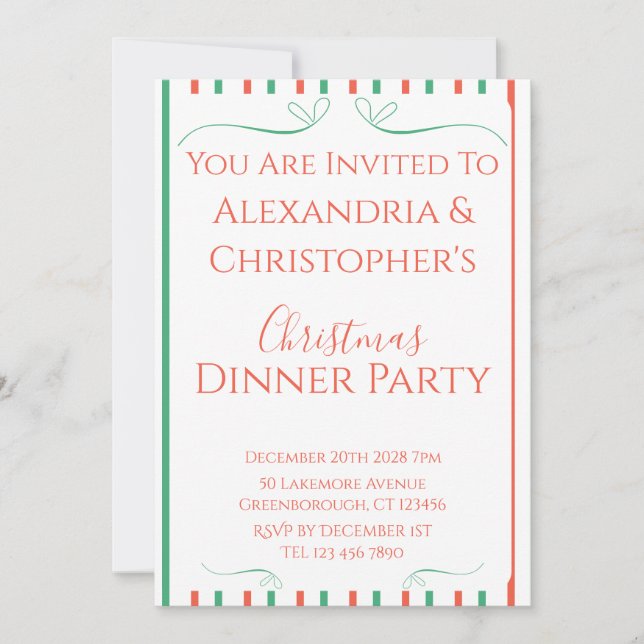 Invitation Dîner de fête de Noël avec rayures rouges et verte (Devant)