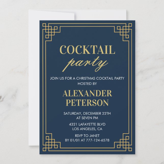 Invitation Dîner de fête de Noël Cocktail Navy Or (Devant)