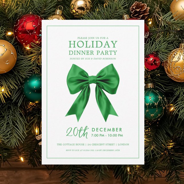 Invitation Dîner de fête de Noël Ruban de satin vert (Christmas Holiday Dinner Party Green Satin Bow Invitation)