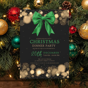 Invitation Dîner de fête de Noël Xmas Bow hiver Vert Or