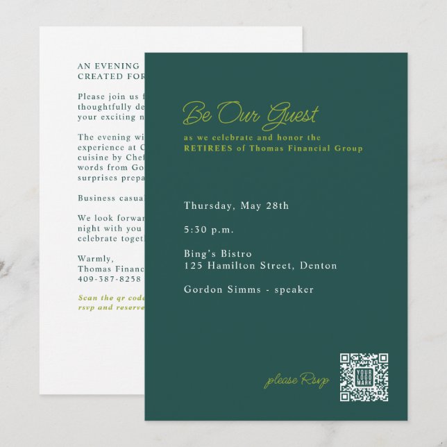 Invitation Dîner de fête de retraite avec QR code (Devant / Derrière)