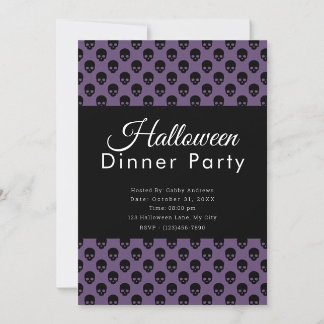 Invitation Dîner de fête d'Halloween aux crânes violets et no (Devant)
