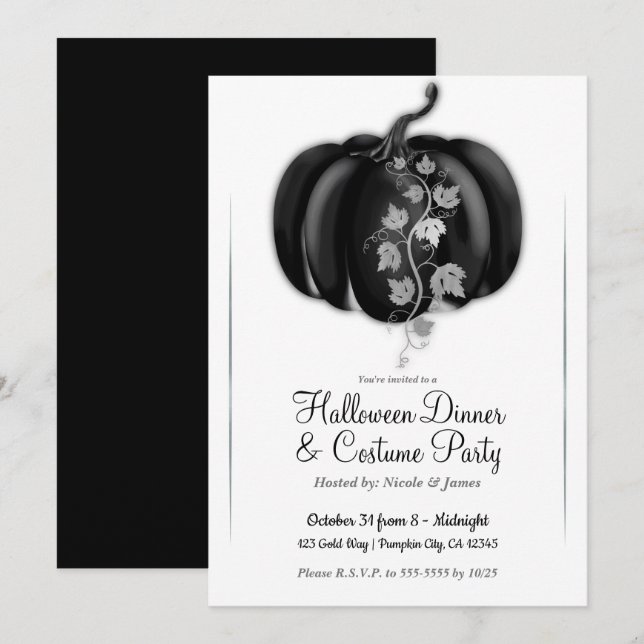 Invitation Dîner de fête d'Halloween Citrouille Glamour Noir  (Devant / Derrière)