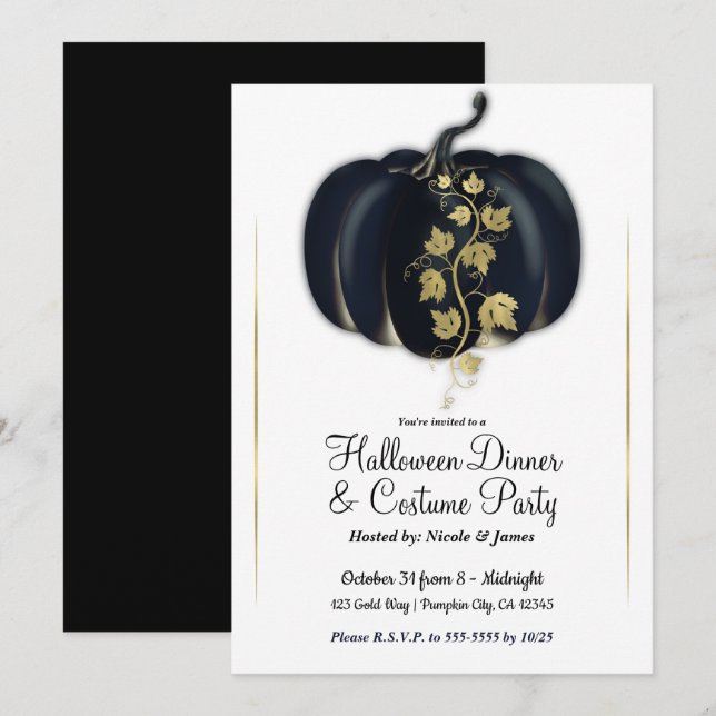 Invitation Dîner de fête d'Halloween Citrouille Glamour Noir  (Devant / Derrière)