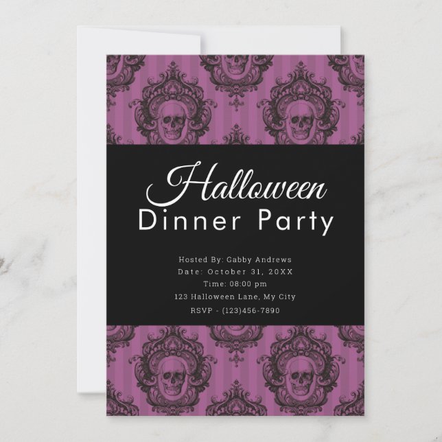 Invitation Dîner de fête d'Halloween Crânes Violet & Noir (Devant)