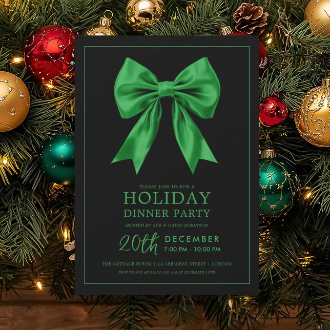 Invitation Dîner de fête formel de vacances en satin vert rub (Formal Holiday Dinner Party Green Satin Bow Black Invitation)