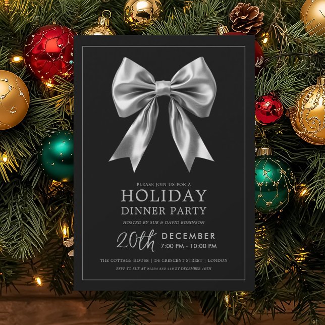 Invitation Dîner de fête formel de vacances Ruban de satin ar (Formal Holiday Dinner Party Silver Satin Bow Black Invitation)