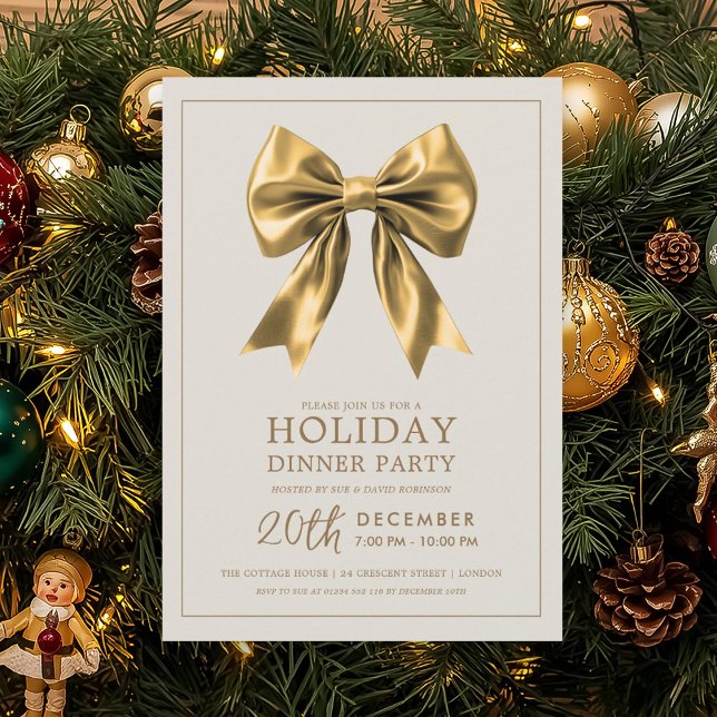 Invitation Dîner de fête formel de vacances Ruban de satin do (Formal Holiday Dinner Party Gold Satin Bow Invitation)