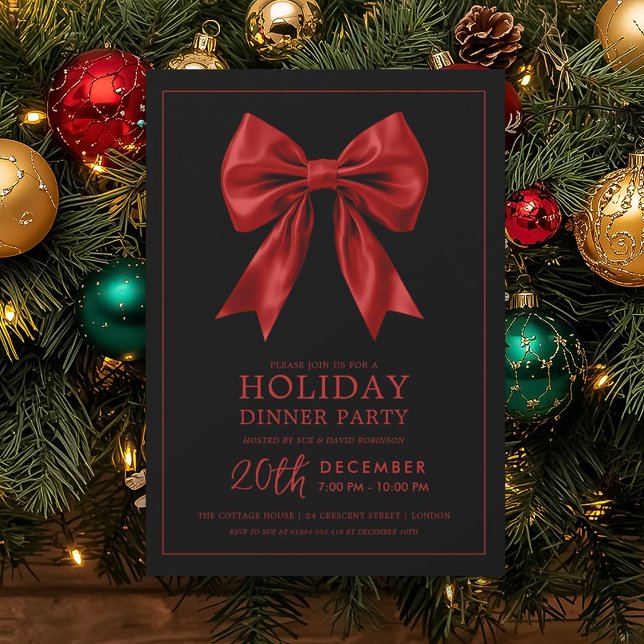 Invitation Dîner de fête formel rouge ruban de satin noir  (Formal Holiday Dinner Party Red Satin Bow Black Invitation)